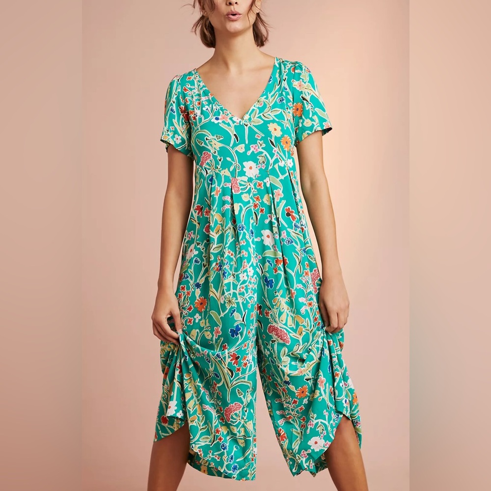 ANTHROPOLOGIE Floreat Yardley Sleep Jumpsuit green floral xs